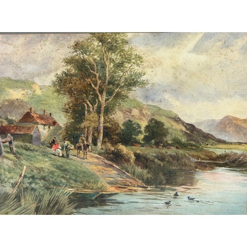 274 - A WATERCOLOUR PAINTING ON PAPER DEPICTING A COUNTRYSIDE SCENE WITH FIGURES BY A LAKE, 

40cm x 29cm
... 