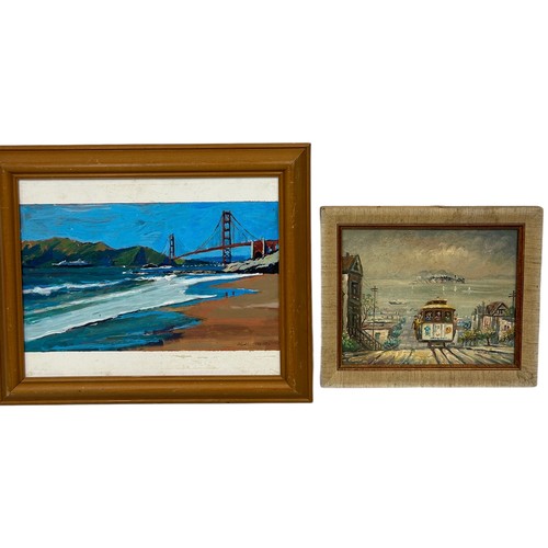 267 - TWO OIL PAINTINGS ON BOARD DEPICTING LOS ANGELES VIEW SAN FRANCISCO, THE GOLDEN GATE BRIDGE' (2) 

S... 