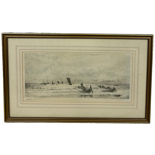 391 - WILLIAM LIONEL WYLLIE (1851-1931): A PRINT DEPICTING A 'FISHING SCENE WITH SAILING BOATS', 

Signed.... 