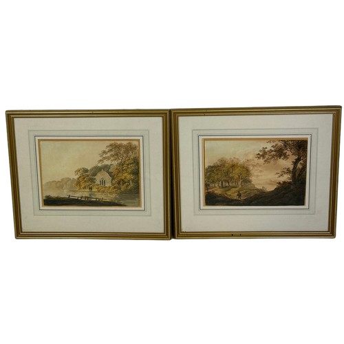 282 - WILLIAM PAYNE (1760-1830): A PAIR OF WATERCOLOUR PAINTINGS ON PAPER DEPICTING WOODED SCENES WITH FIG... 