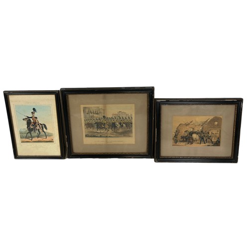 392 - A SET OF THREE MILITARY EARLY ENGRAVINGS AND LITHOGRAPHS

Mounted in Hogarth frames and glazed.

Lar... 