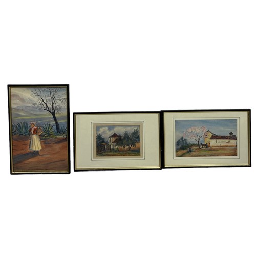 314 - ISOBEL VIOLET BANKS: A SIGNED SET OF THREE WATERCOLOUR PAINTINGS ON PAPER DEPICTING SPANISH SUBJECTS... 