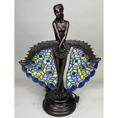 482 - AN ART NOUVEAU BRONZE SCULPTURAL TABLE LAMP DEPICTING A LADY WITH WINGS, 

53cm H