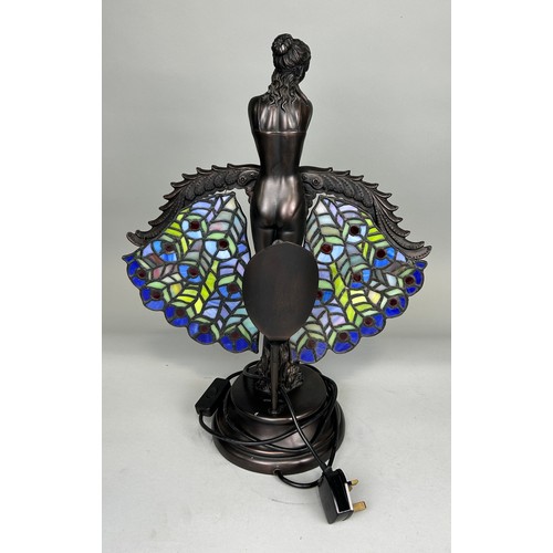 482 - AN ART NOUVEAU BRONZE SCULPTURAL TABLE LAMP DEPICTING A LADY WITH WINGS, 

53cm H