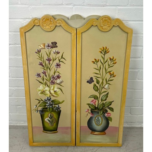 515 - A FLORAL PAINTED FOUR FOLD FIRE SCREEN, 

116cm x 82cm