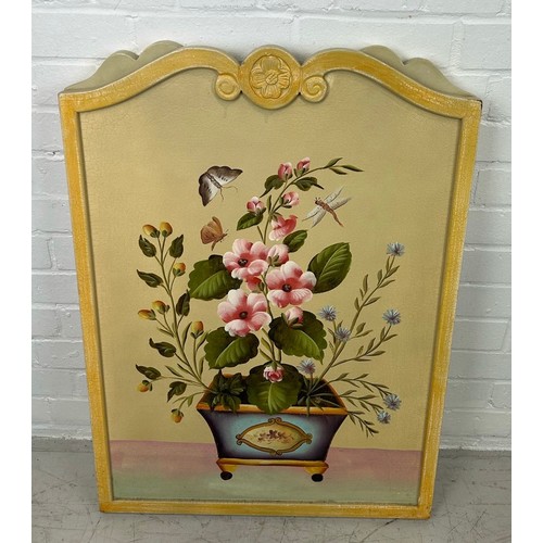 515 - A FLORAL PAINTED FOUR FOLD FIRE SCREEN, 

116cm x 82cm