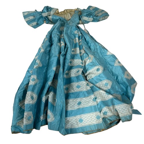 594 - A 19TH CENTURY BLUE SILK COSTUME DRESS, 

153cm L