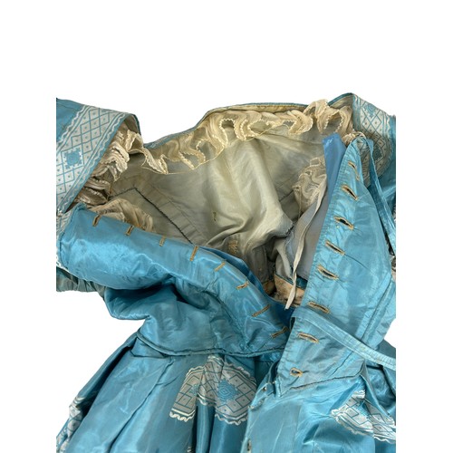 594 - A 19TH CENTURY BLUE SILK COSTUME DRESS, 

153cm L