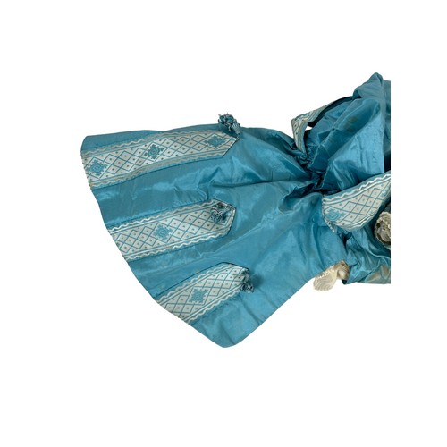 594 - A 19TH CENTURY BLUE SILK COSTUME DRESS, 

153cm L