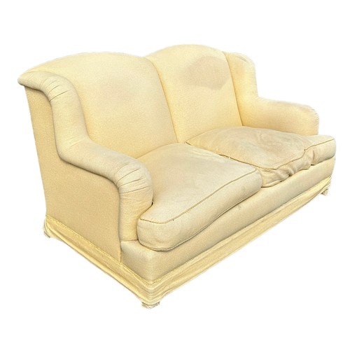 451 - A HOWARD STYLE HUMPBACK SOFA UPHOLSTERED IN YELLOW FABRIC, 

176cm x 105cm x 93cm