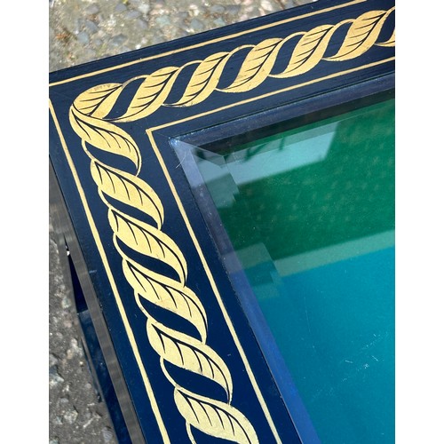 452 - A DESIGNER COFFEE TABLE WITH GLASS INSERT AND GOLD GREEK KEY BORDER, 

114cm x 53cm x 42cm