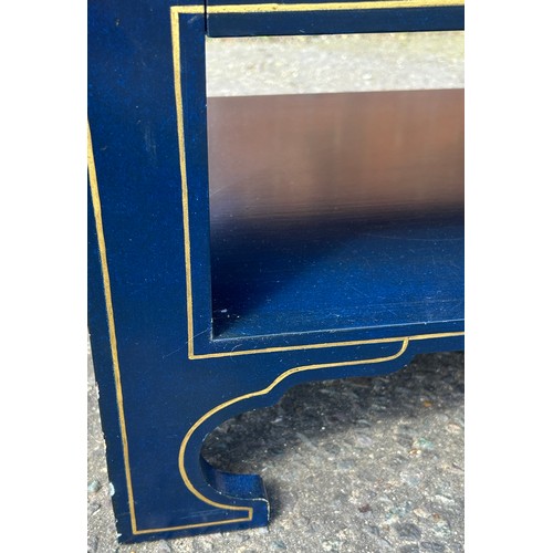 452 - A DESIGNER COFFEE TABLE WITH GLASS INSERT AND GOLD GREEK KEY BORDER, 

114cm x 53cm x 42cm