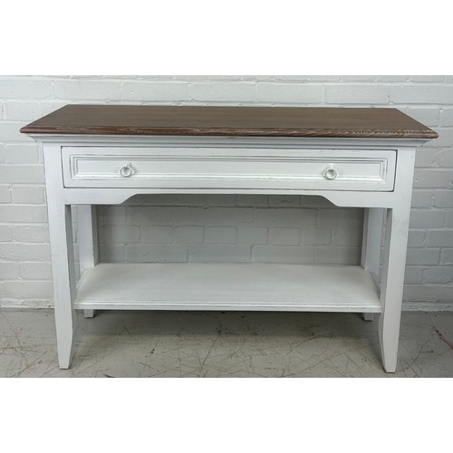 511 - A WHITE PAINTED CONSOLE TABLE WITH LIMED TOP AND SINGLE DRAWER, 

110cm x 75cm x 32cm