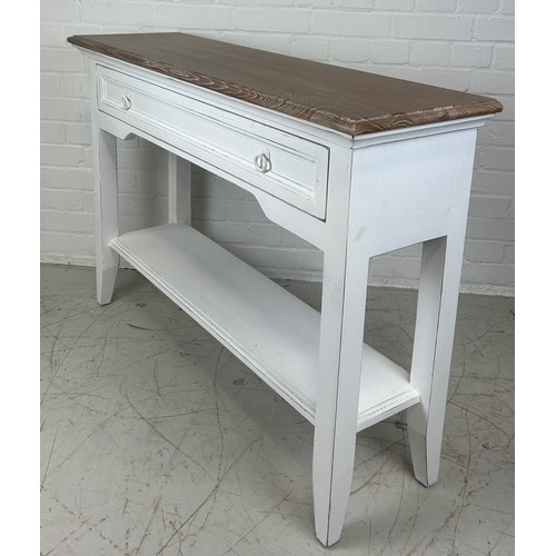 511 - A WHITE PAINTED CONSOLE TABLE WITH LIMED TOP AND SINGLE DRAWER, 

110cm x 75cm x 32cm