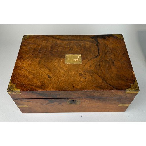 433 - A 19TH CENTURY MAHOGANY AND BRASS BOUND WRITING SLOPE, 

With black tooled leather interior and two ... 