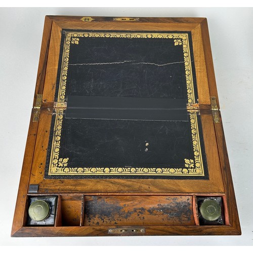 433 - A 19TH CENTURY MAHOGANY AND BRASS BOUND WRITING SLOPE, 

With black tooled leather interior and two ... 