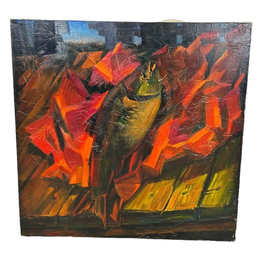 255 - A LARGE RUSSIAN OIL ON CANVAS ABSTRACT PAINTING DEPICTING A FISH, 

95cm x 95cm