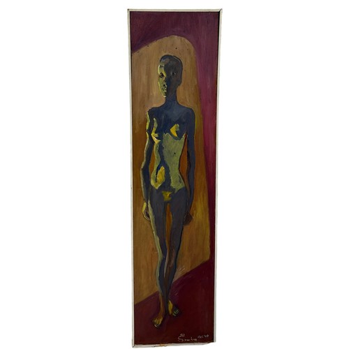 262 - AN AFRICAN OIL ON CANVAS PAINTING DEPICTING A WOMAN, 

84cm x 20cm 

Framed.