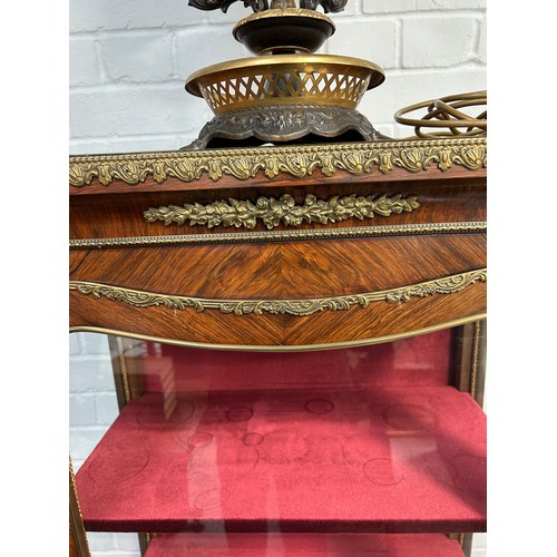 458 - A 19TH CENTURY FRENCH VITRINE CABINET WITH ORMOLU MOUNTS, MARQUETRY INLAY AMD VELVET LINED SHELVES, ... 