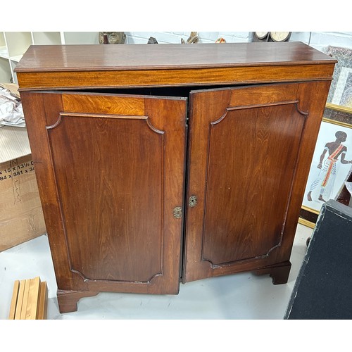 437 - A MAHOGANY CUPBOARD OF SHALLOW PROPORTIONS WITH TWO SWING DOORS, 

109cm x 100cm x 27cm