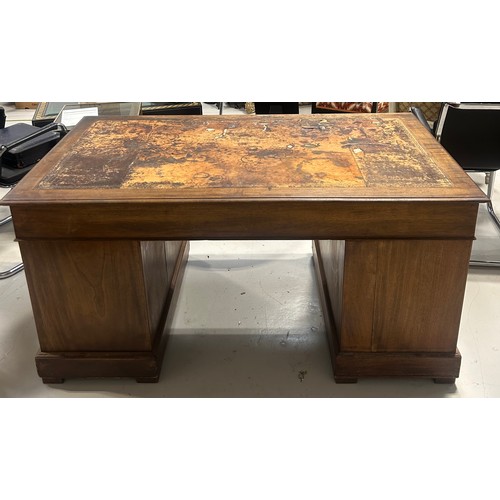 415 - A VICTORIAN TWIN PEDESTAL DESK WITH TOOLED LEATHER TOP, 

150cm x 83cm x 75cm