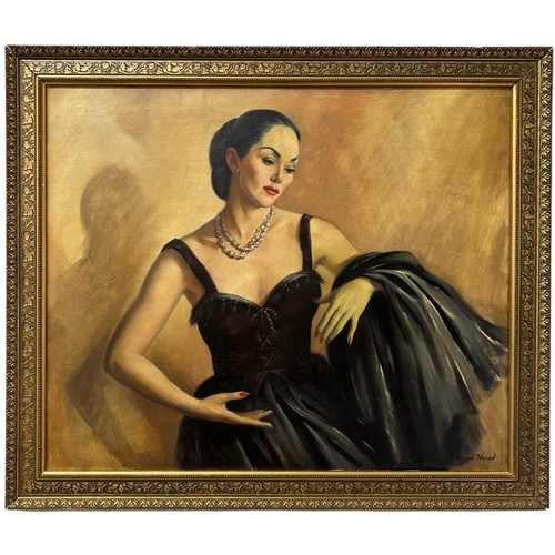 389 - EDWARD HURST (1912-1972): AN OIL ON CANVAS PAINTING OF A LADY, POSSIBLY A DANCER, 

76cm x 62cm 

Mo... 