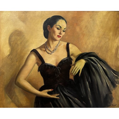 389 - EDWARD HURST (1912-1972): AN OIL ON CANVAS PAINTING OF A LADY, POSSIBLY A DANCER, 

76cm x 62cm 

Mo... 