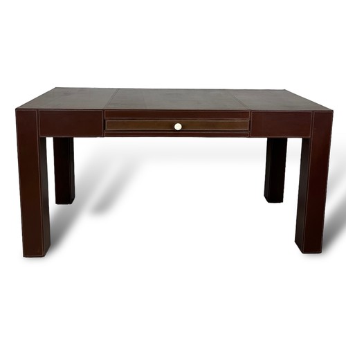 459 - AN ANDREW MARTIN STITCHED BROWN LEATHER CONSOLE TABLE WITH SINGLE DRAWER, 

150cm x 76cm x 65cm