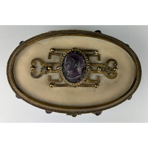 22A - A 19TH CENTURY FRENCH GILT METAL JEWELLERY BOX WITH CAMEO CARTOUCHES STAMPED 'MORFAU' TO BASE, 

16c... 