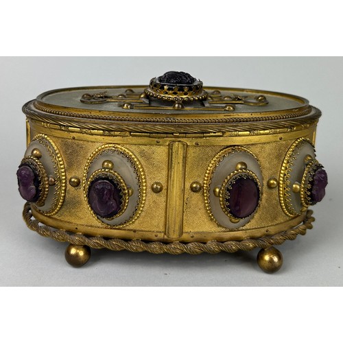 22A - A 19TH CENTURY FRENCH GILT METAL JEWELLERY BOX WITH CAMEO CARTOUCHES STAMPED 'MORFAU' TO BASE, 

16c... 