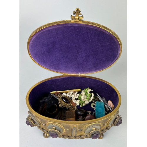 22A - A 19TH CENTURY FRENCH GILT METAL JEWELLERY BOX WITH CAMEO CARTOUCHES STAMPED 'MORFAU' TO BASE, 

16c... 