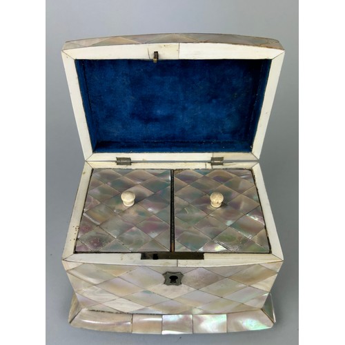 23 - A 19TH CENTURY MOTHER OF PEARL TEA CADDY WITH SILVER ESCUTCHEON, 

15cm x 11cm 

Ivory license: ZRY6... 