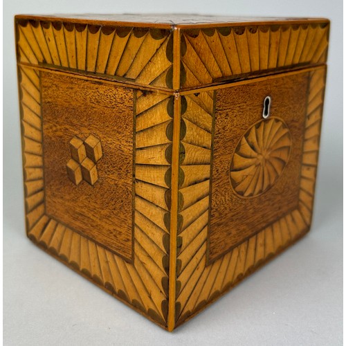 25 - A REGENCY PERIOD INLAID SHERATON DESIGN PEAR WOOD AND SATINWOOD INLAID TEA CADDY WITH MARQUETRY INLA... 