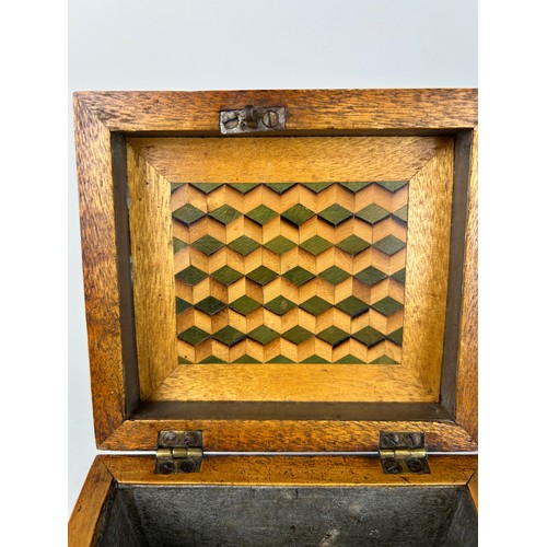 25 - A REGENCY PERIOD INLAID SHERATON DESIGN PEAR WOOD AND SATINWOOD INLAID TEA CADDY WITH MARQUETRY INLA... 