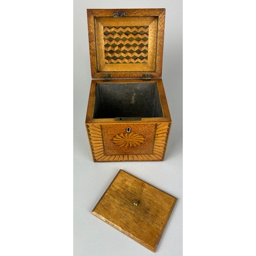 25 - A REGENCY PERIOD INLAID SHERATON DESIGN PEAR WOOD AND SATINWOOD INLAID TEA CADDY WITH MARQUETRY INLA... 