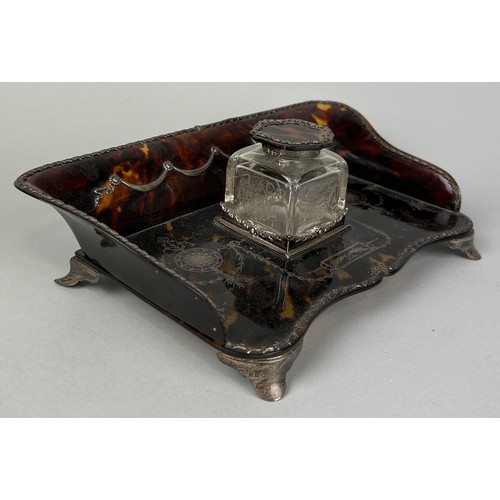 144 - A 19TH CENTURY TORTOISESHELL AND SILVER MOUNTED INKWELL MARKED FOR WILLIAM COMYNS AND SONS, 

23cm x... 