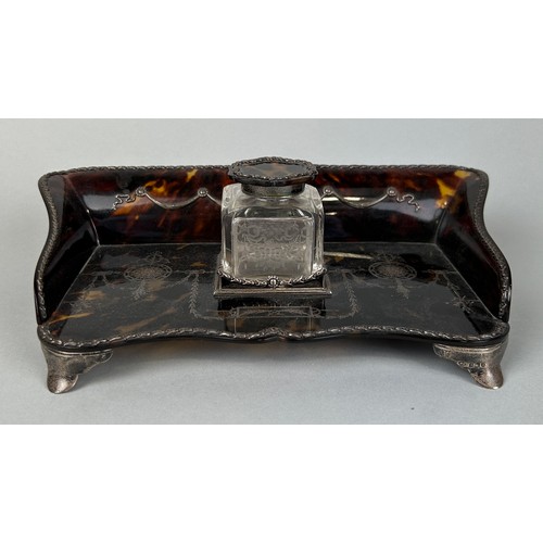 144 - A 19TH CENTURY TORTOISESHELL AND SILVER MOUNTED INKWELL MARKED FOR WILLIAM COMYNS AND SONS, 

23cm x... 