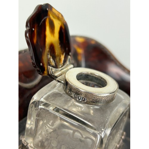 144 - A 19TH CENTURY TORTOISESHELL AND SILVER MOUNTED INKWELL MARKED FOR WILLIAM COMYNS AND SONS, 

23cm x... 