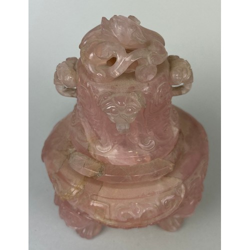 46 - A CHINESE PINK QUARTZ INCENSE BURNER CIRCA LATE 19TH OR EARLY 20TH CENTURY, 

Damaged. 

16cm H