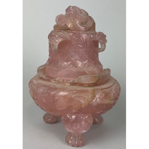 46 - A CHINESE PINK QUARTZ INCENSE BURNER CIRCA LATE 19TH OR EARLY 20TH CENTURY, 

Damaged. 

16cm H