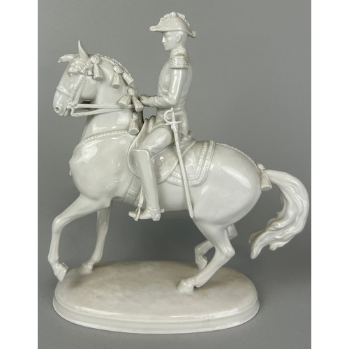 191 - A ROYAL VIENNA BLANC DE CHINE FIGURE DEPICTING A GENTLEMAN RIDING A HORSE, 

25cm x 20cm