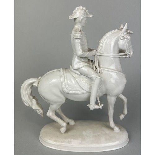 191 - A ROYAL VIENNA BLANC DE CHINE FIGURE DEPICTING A GENTLEMAN RIDING A HORSE, 

25cm x 20cm