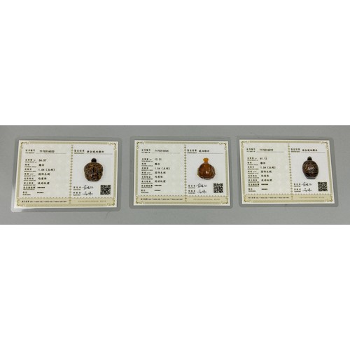 58 - A COLLECTION OF SIX CHINESE AMBER SNUFF BOTTLES,
 
Tallest 10cm H

Three with certificates.