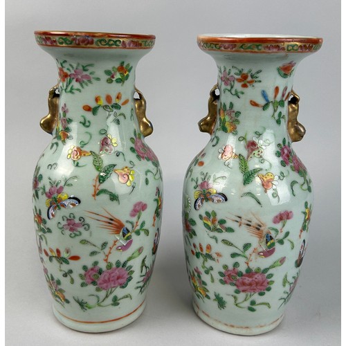 50 - A PAIR OF CHINESE CELADON CANTON WARE VASES DECORATED WITH LIONS, BUTTERFLIES AND FLOWERS (2), 

26c... 