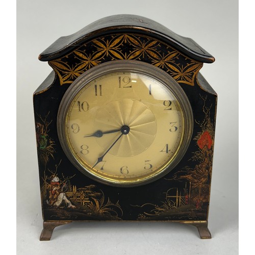 255 - A CHINESE BLACK LACQUERED CHINOISERIE CLOCK, 

17cm x 13cm x 7cm