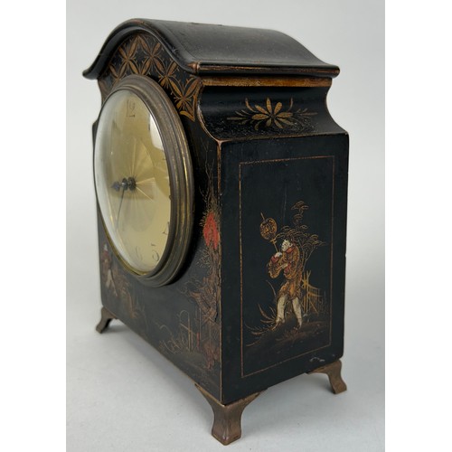 255 - A CHINESE BLACK LACQUERED CHINOISERIE CLOCK, 

17cm x 13cm x 7cm