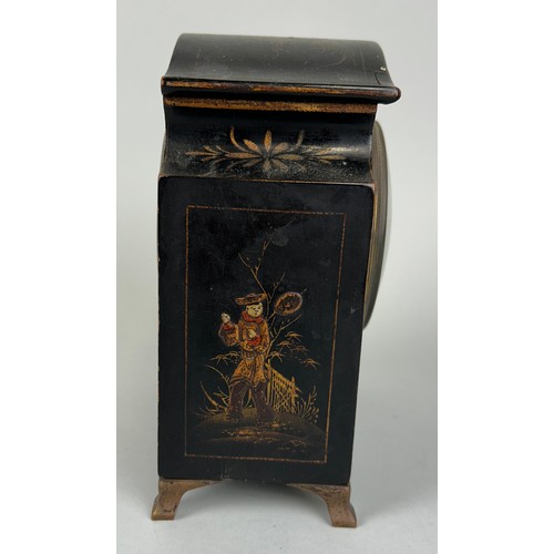 255 - A CHINESE BLACK LACQUERED CHINOISERIE CLOCK, 

17cm x 13cm x 7cm