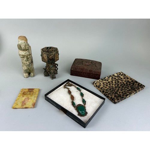 79 - A GROUP OF MOSTLY CHINESE ITEMS TO INCLUDE BRONZE DING SET WITH STONES, CINNABAR LACQUERED BOX WITH ... 