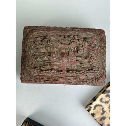 79 - A GROUP OF MOSTLY CHINESE ITEMS TO INCLUDE BRONZE DING SET WITH STONES, CINNABAR LACQUERED BOX WITH ... 