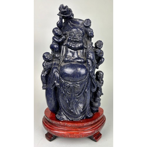 247 - A LARGE CHINESE LAPIS LAZULI SCULPTURE DEPICTING THE BUDDHA WITH CHILDREN, 

30cm x 16cm 

With rose... 